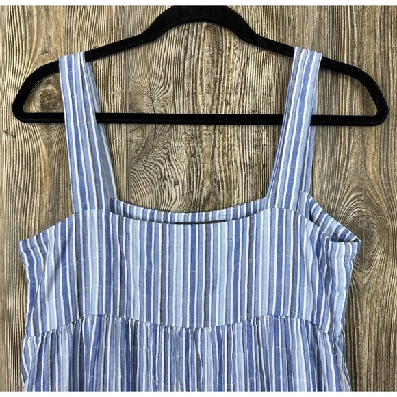 Elliot Lauren Midi Dress L Blue/White Stripe Sleeveless Tiered Ruffled Chambray - Picture 2 of 14